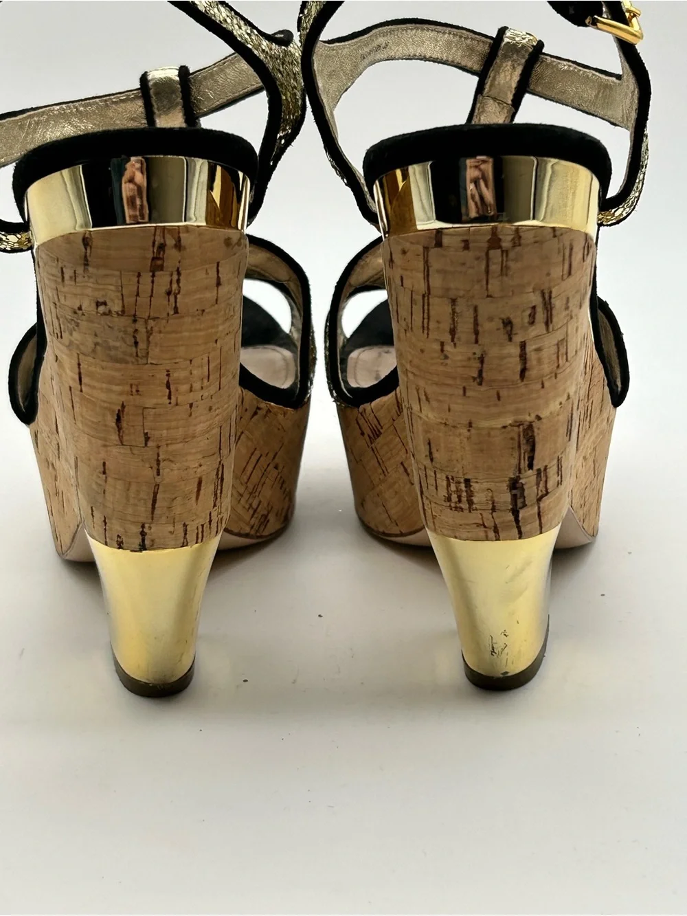 Miu Miu Gold Glitter Cork Platform Wedge Sandals size 39